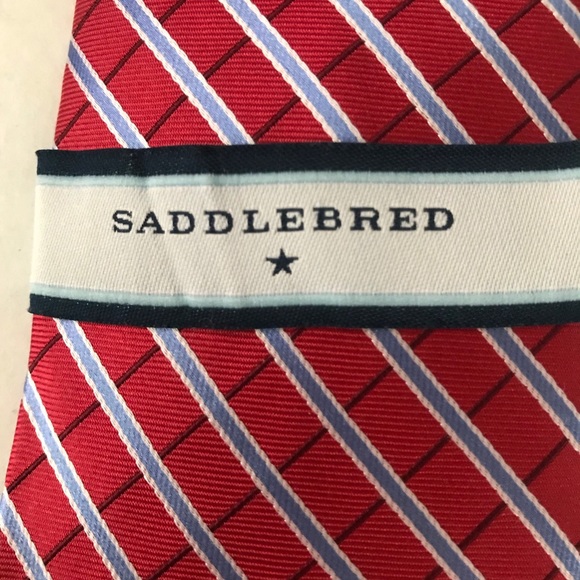 Silk Tie Stain Resistant Red Light Blue Striped Brand New Saddlebred - Picture 5 of 9